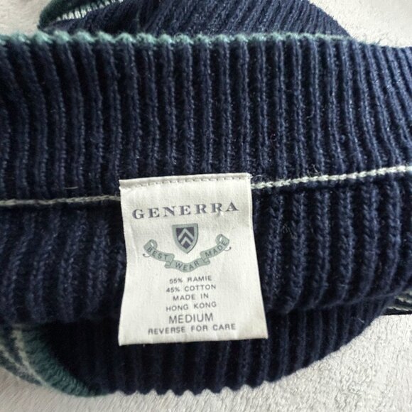 Generra Mens Navy Cardigan Sweater Medium Ramie Cotton V-Neck Stripe Trim Button - Picture 3 of 8